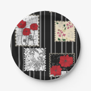 Seamless retro vintage patchwork quilting poppies paper plates