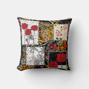 Seamless retro vintage patchwork quilting poppies throw pillow