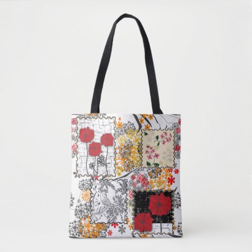 Seamless retro vintage patchwork quilting poppies tote bag