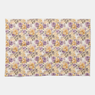 Seamless Rose In Yellow, Purple, and Lavender Kitchen Towel