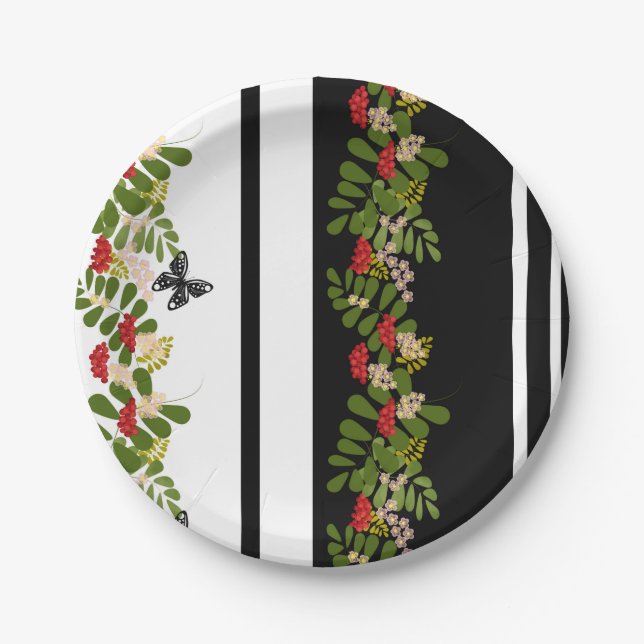 Seamless rowanberry berry flowers floral butterfly paper plates (Front)
