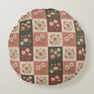 Seamless Rustic Floral Patchwork Round Pillow