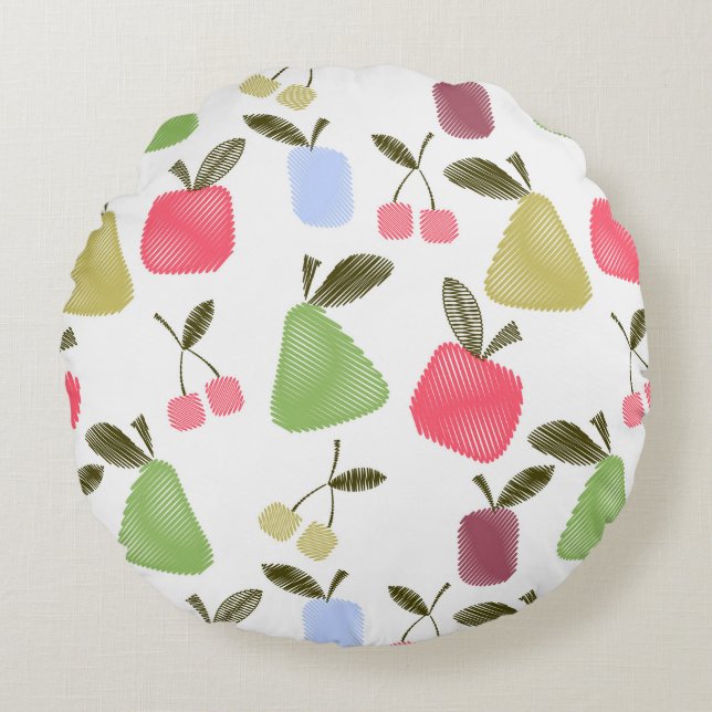 Seamless scratched cartoon fruits apples pears che round pillow (Front)