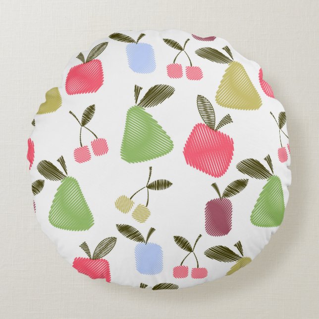 Seamless scratched cartoon fruits apples pears che round pillow (Front)