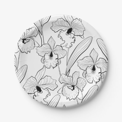 Seamless sketched orchid cattleya flowers tropical paper plates