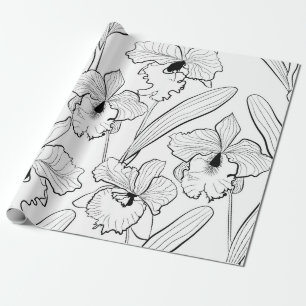 Seamless sketched orchid cattleya flowers tropical wrapping paper