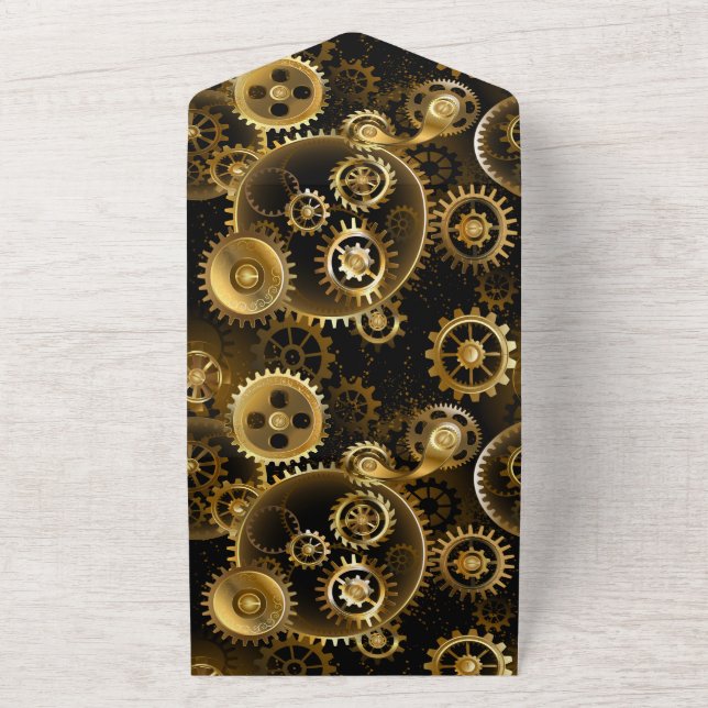 Seamless Steampunk Brass Gears All In One Invitation (Outside)