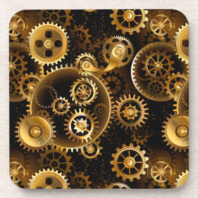 Seamless Steampunk Brass Gears Beverage Coaster (Front)