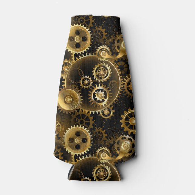 Seamless Steampunk Brass Gears Bottle Cooler (Front)