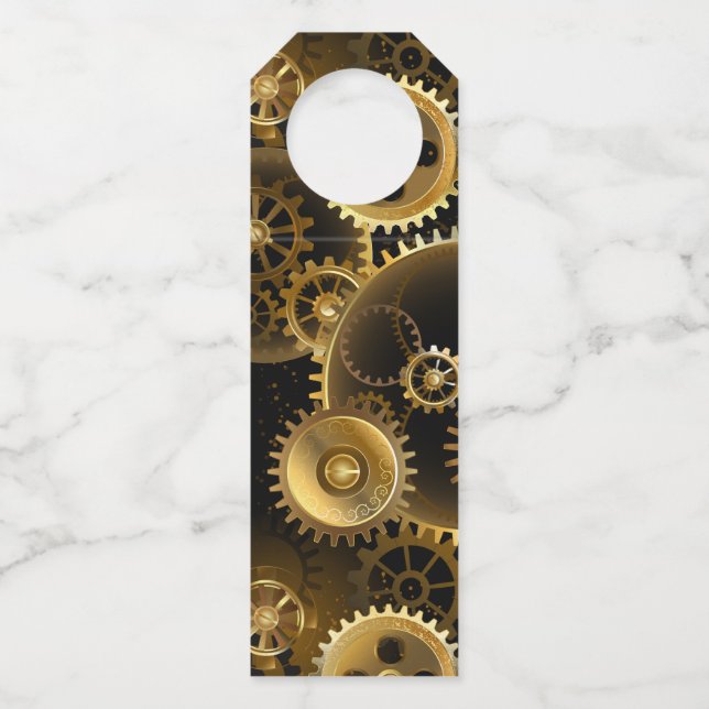 Seamless Steampunk Brass Gears Bottle Hanger Tag (Front)