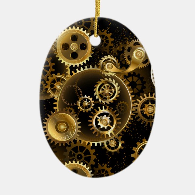 Seamless Steampunk Brass Gears Ceramic Ornament (Front)