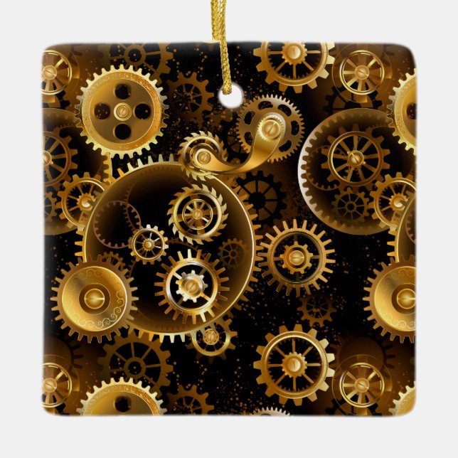 Seamless Steampunk Brass Gears Ceramic Ornament (Front)
