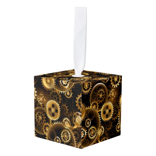 Seamless Steampunk Brass Gears Cube Ornament (Front Angled)