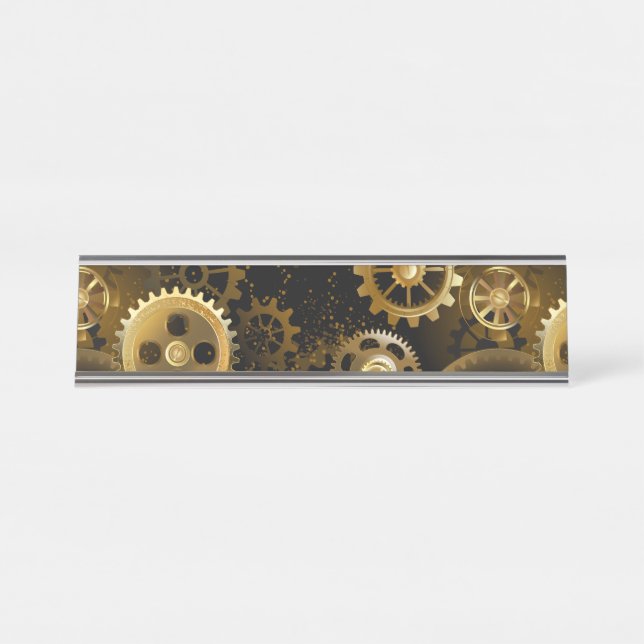Seamless Steampunk Brass Gears Desk Name Plate (Front)