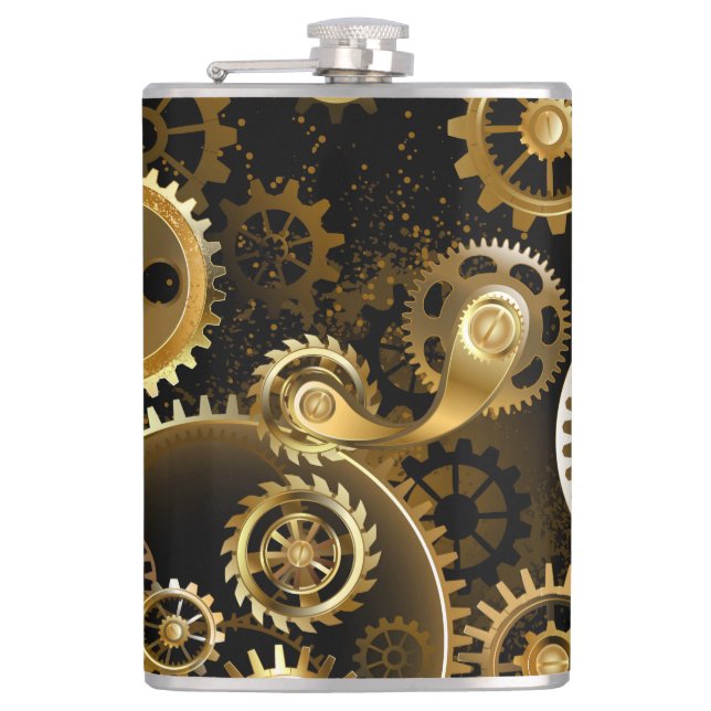 Seamless Steampunk Brass Gears Flask (Front)