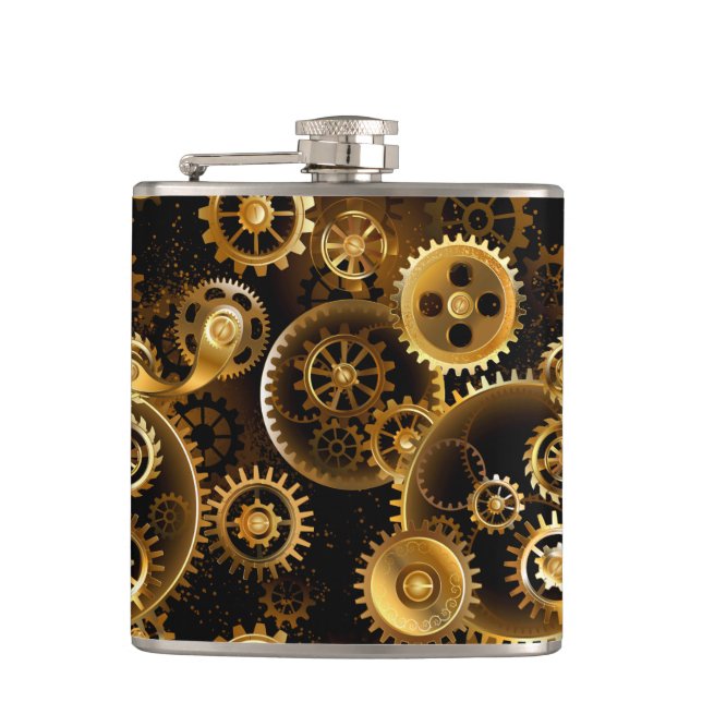 Seamless Steampunk Brass Gears Flask (Front)