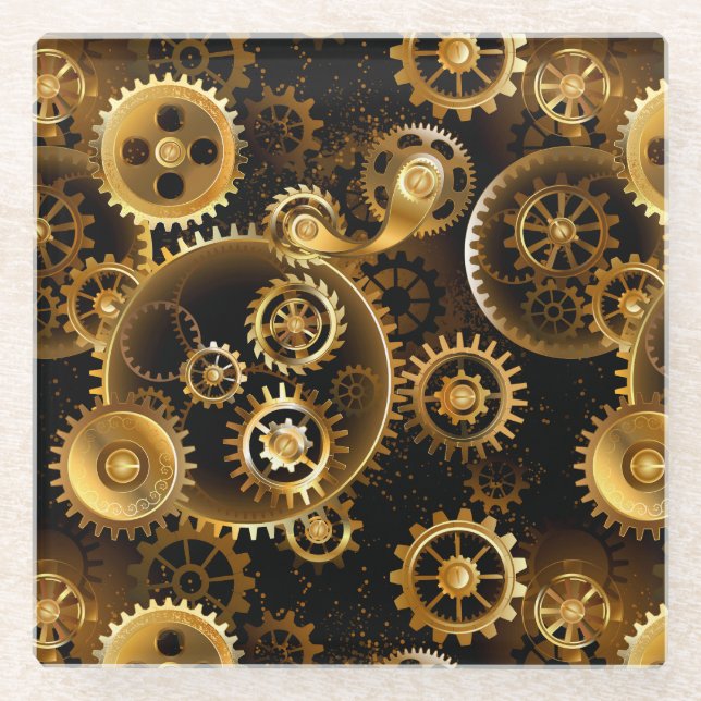 Seamless Steampunk Brass Gears Glass Coaster (Front)