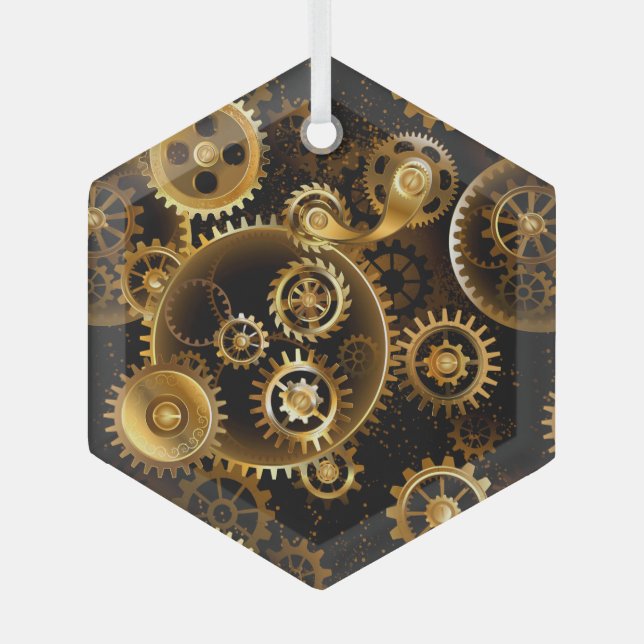 Seamless Steampunk Brass Gears Glass Ornament (Front)
