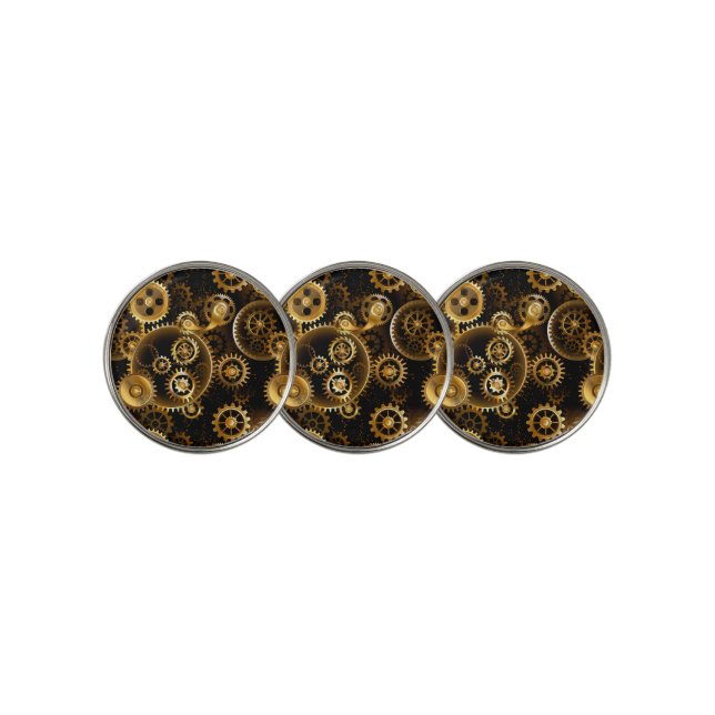 Seamless Steampunk Brass Gears Golf Ball Marker (3 Up)