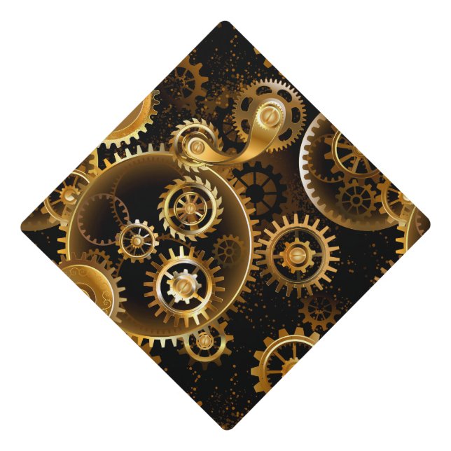 Seamless Steampunk Brass Gears Graduation Cap Topper (Front)