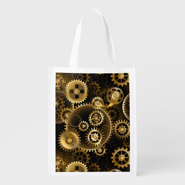 Seamless Steampunk Brass Gears Grocery Bag (Front)