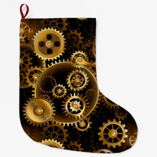 Seamless Steampunk Brass Gears Large Christmas Stocking