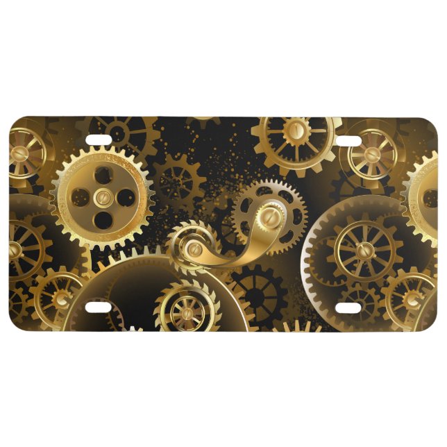 Seamless Steampunk Brass Gears License Plate (Front)
