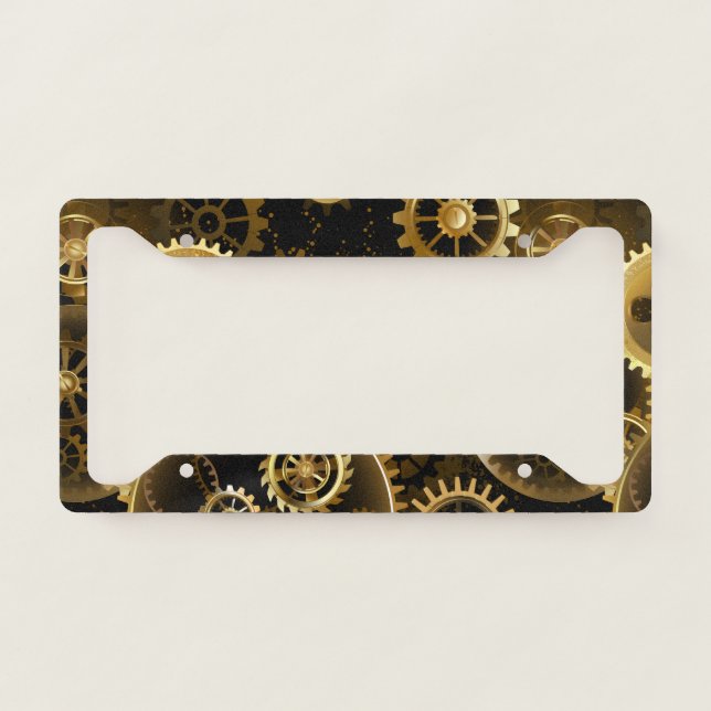 Seamless Steampunk Brass Gears License Plate Frame (Front)