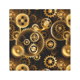 Seamless Steampunk Brass Gears Metal Print