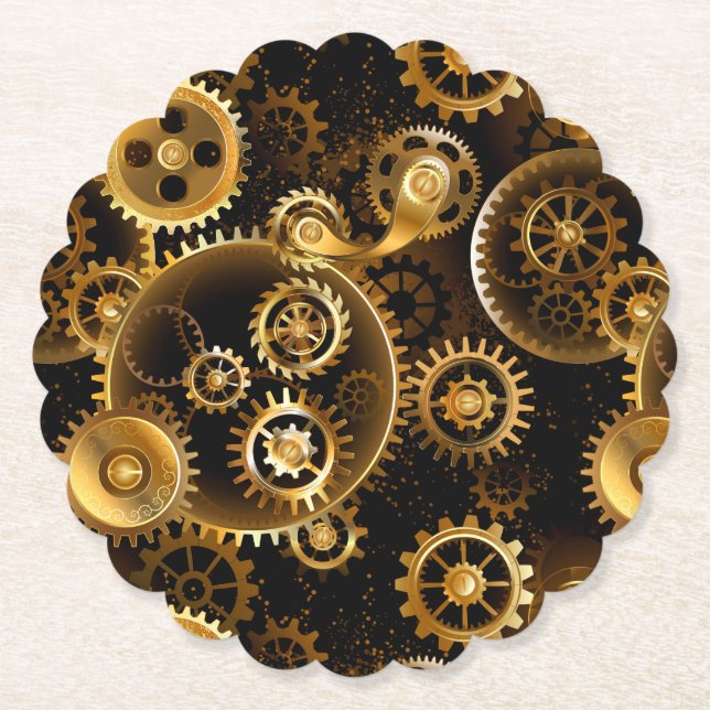 Seamless Steampunk Brass Gears Paper Coaster (Front)