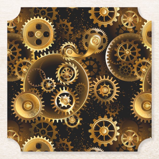 Seamless Steampunk Brass Gears Paper Coaster (Front)