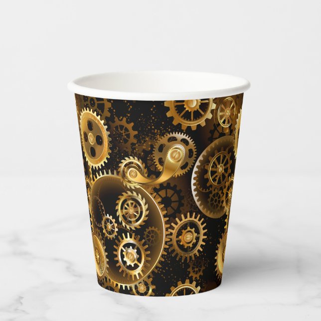 Seamless Steampunk Brass Gears Paper Cups (Front)