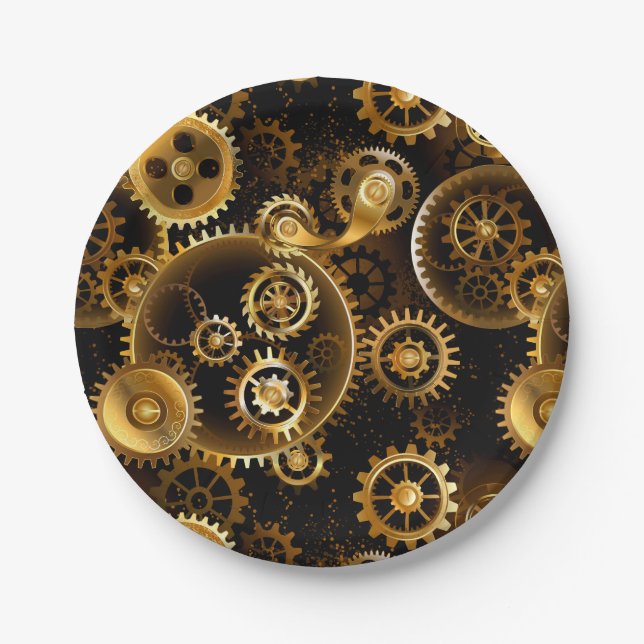 Seamless Steampunk Brass Gears Paper Plates (Front)