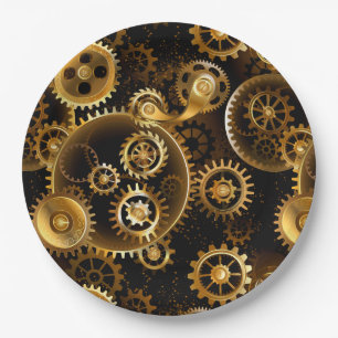 Seamless Steampunk Brass Gears Paper Plates