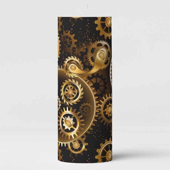 Seamless Steampunk Brass Gears Pillar Candle (Front)