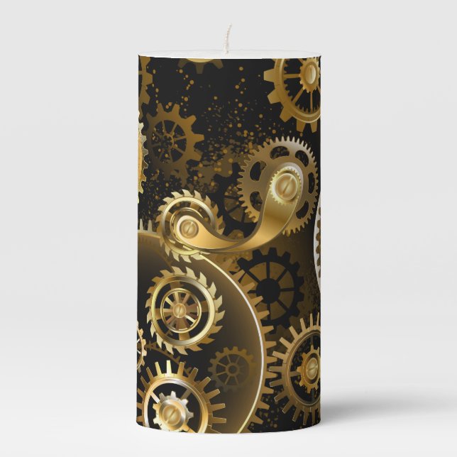 Seamless Steampunk Brass Gears Pillar Candle (Front)
