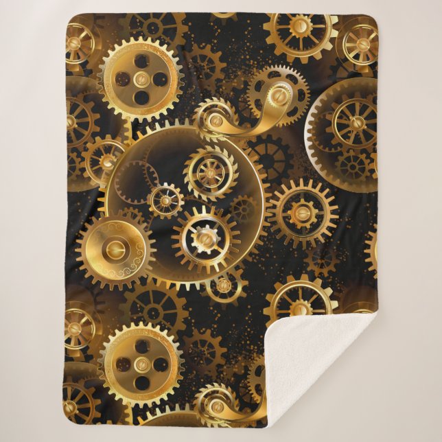 Seamless Steampunk Brass Gears Sherpa Blanket (Front)
