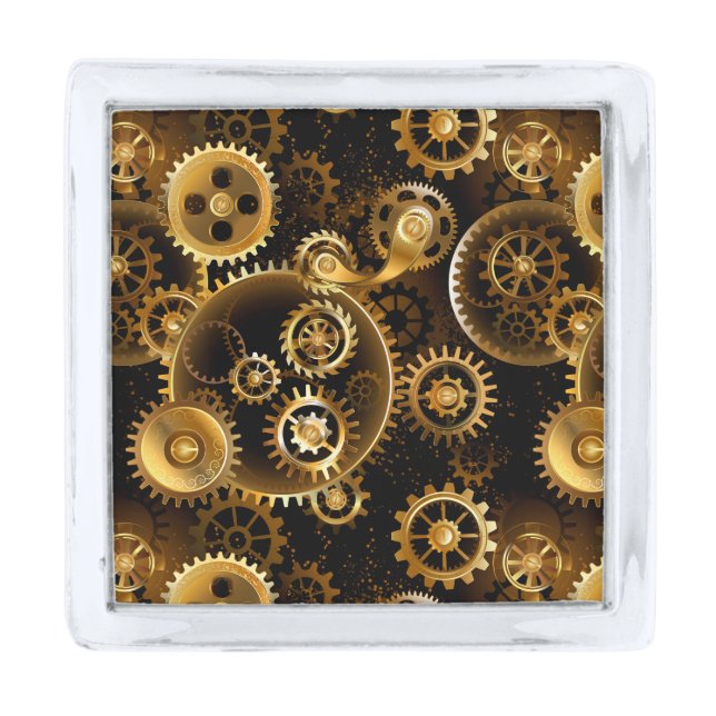 Seamless Steampunk Brass Gears Silver Finish Lapel Pin (Front)