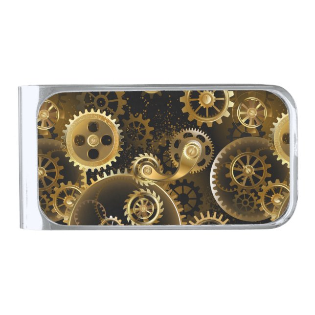Seamless Steampunk Brass Gears Silver Finish Money Clip (Front)
