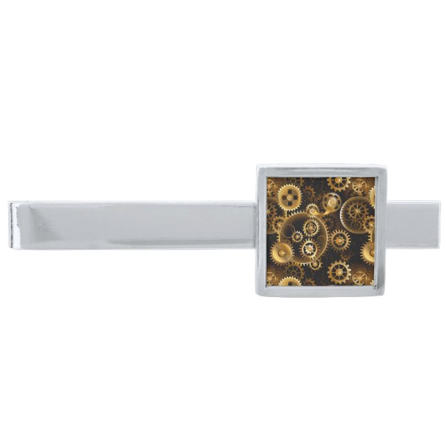 Seamless Steampunk Brass Gears Silver Finish Tie Bar (Front)
