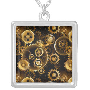 Seamless Steampunk Brass Gears Silver Plated Necklace