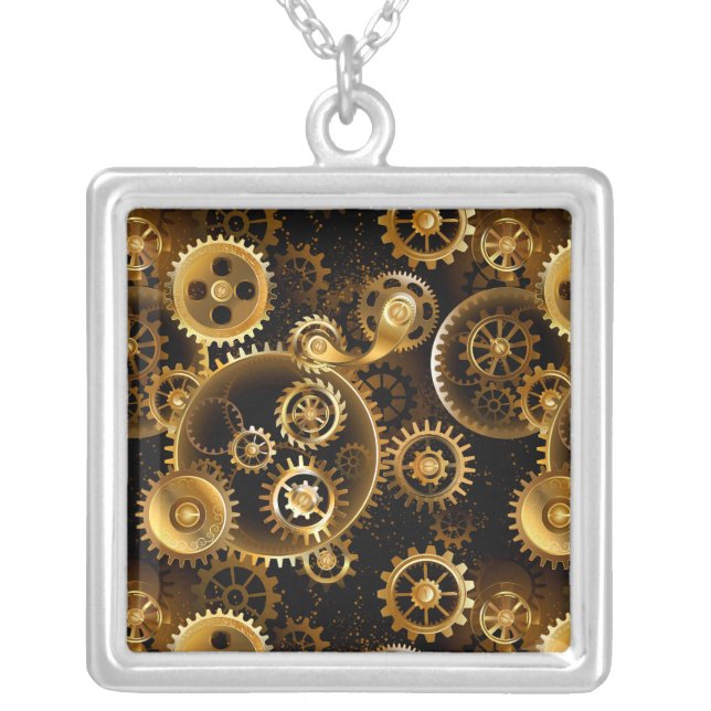 Seamless Steampunk Brass Gears Silver Plated Necklace (Front)