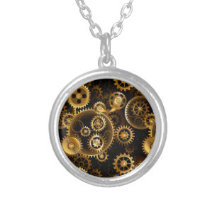 Seamless Steampunk Brass Gears Silver Plated Necklace