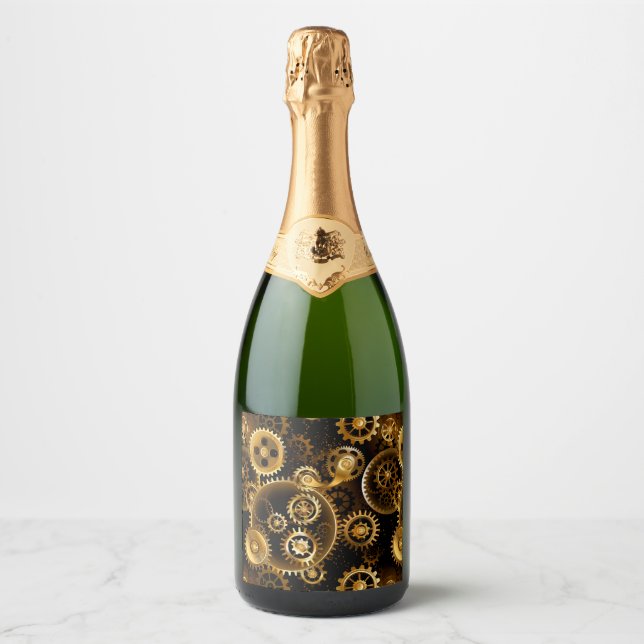 Seamless Steampunk Brass Gears Sparkling Wine Label (Front)
