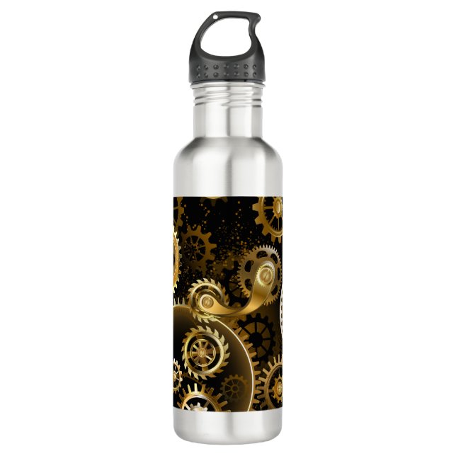 Seamless Steampunk Brass Gears Stainless Steel Water Bottle (Front)