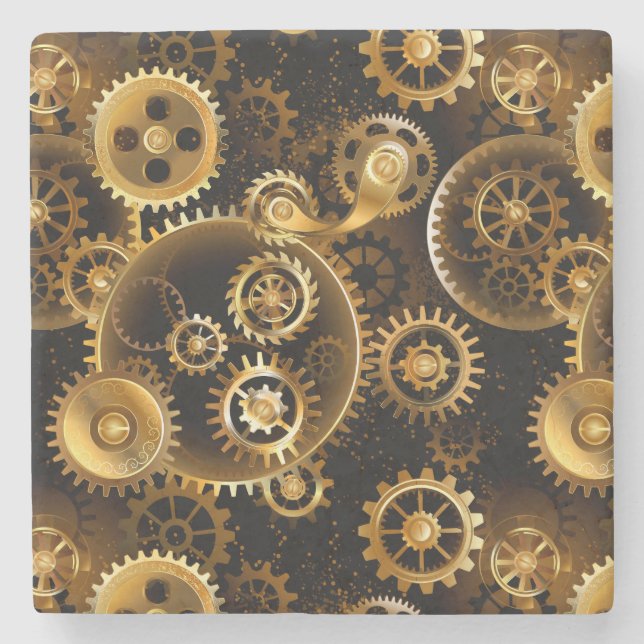Seamless Steampunk Brass Gears Stone Coaster (Front)