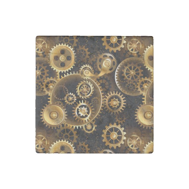 Seamless Steampunk Brass Gears Stone Magnet (Front)