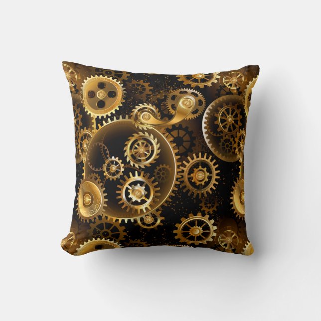 Seamless Steampunk Brass Gears Throw Pillow (Front)