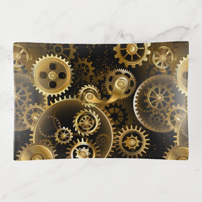 Seamless Steampunk Brass Gears Trinket Tray (Front)