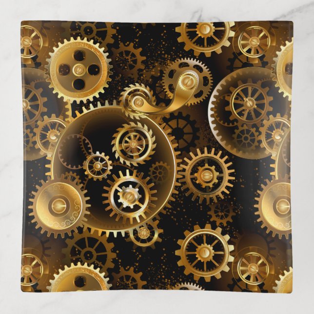 Seamless Steampunk Brass Gears Trinket Tray (Front)
